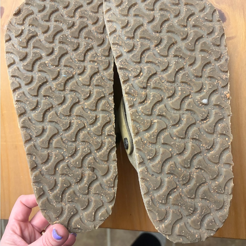 Birkenstock Suede Clogs in Taupe and Olive Strap - Picture 4 of 4